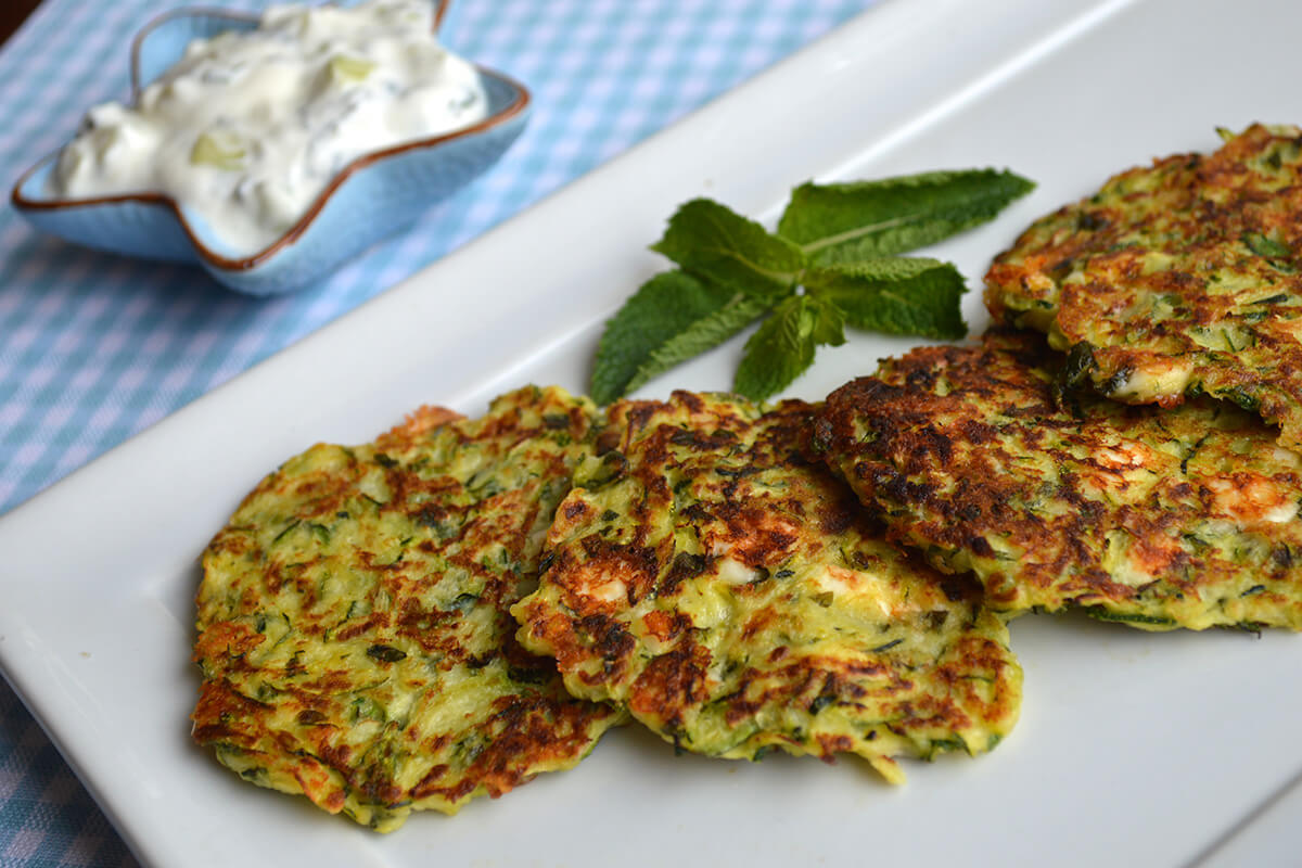 Courgette fritters served with tzatziki
