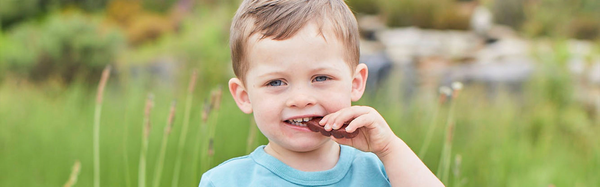 Boy eating Fruit Bar in field