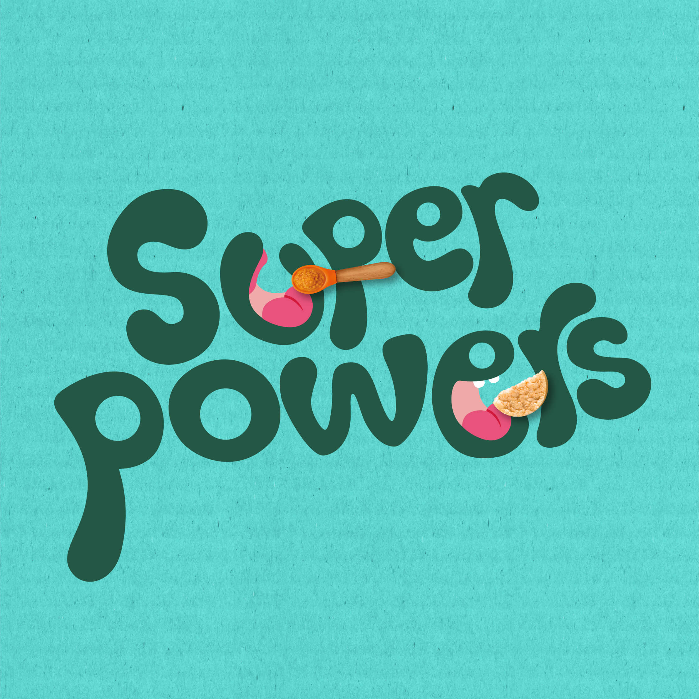 Organix green text that says "super powers" on a blue background
