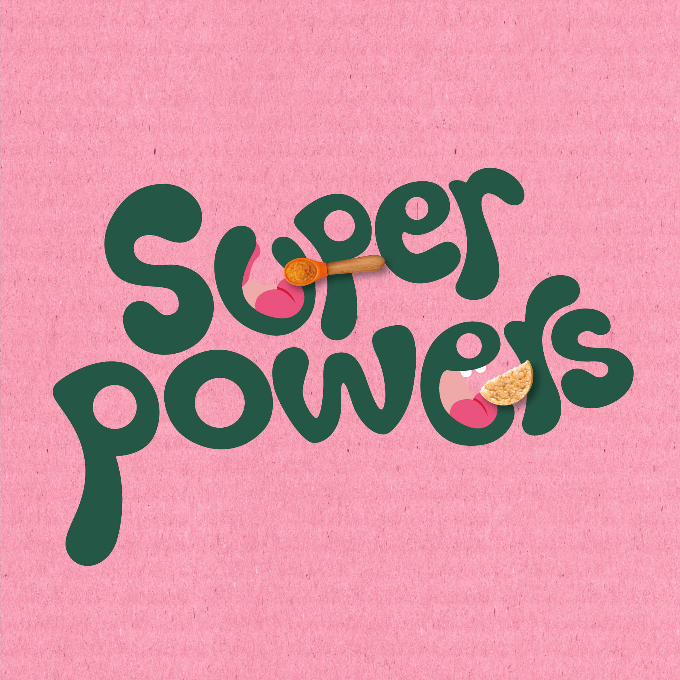 Organix green text that says "super powers" on a pink background