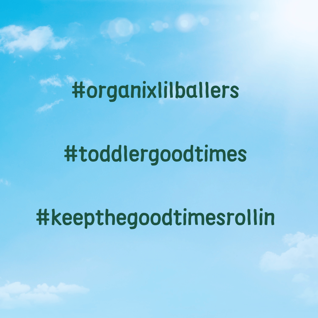 Blue sky background with hashtags written in green font