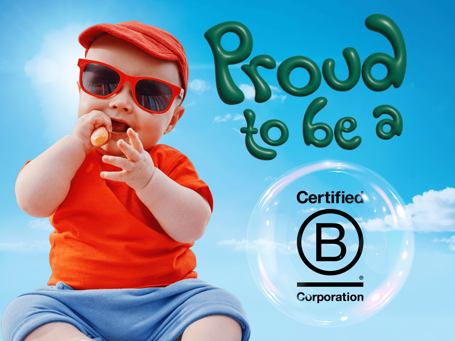 Baby sitting upright, eating Organix snacks while looking super cool wearing a sunhat and glasses. You can also see a clear sky behind and a bubble with the BCorp logo. 