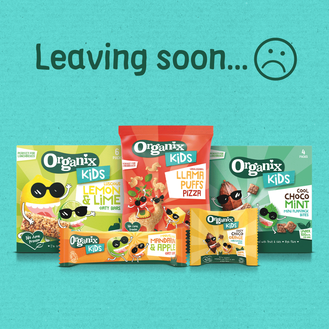 A selection of Organix Kids snacks including Oaty Bars, Llama Puffs, and Mini Flapjack Bites displayed with a 'Leaving soon...' message and a sad face emoji, set against a bluey greenish background with a paper texture.