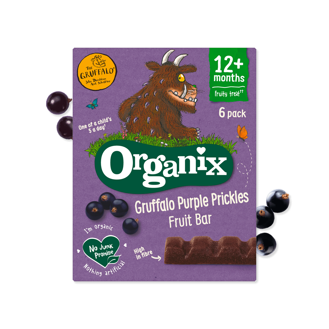 A purple box with a picture of the Gruffalo, the Organix logo, some blackcurrants and an Organix fruit bar