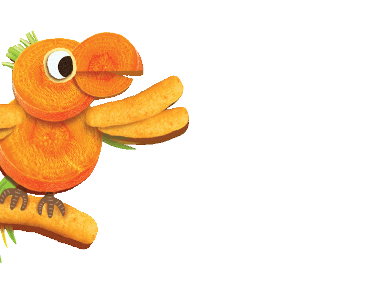 A cartoon orange parrot made out of carrots and Organix melty carrot puffs