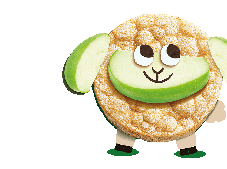 cartoon sheep made from Organix apple ricecakes and apple slices