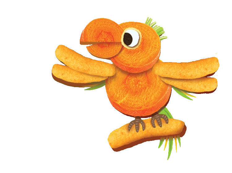 A cartoon orange parrot made out of carrots and Organix melty carrot puffs