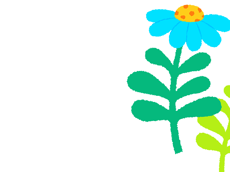 Illustrated cartoon blue flowers and whimsical green leaves with textured edges