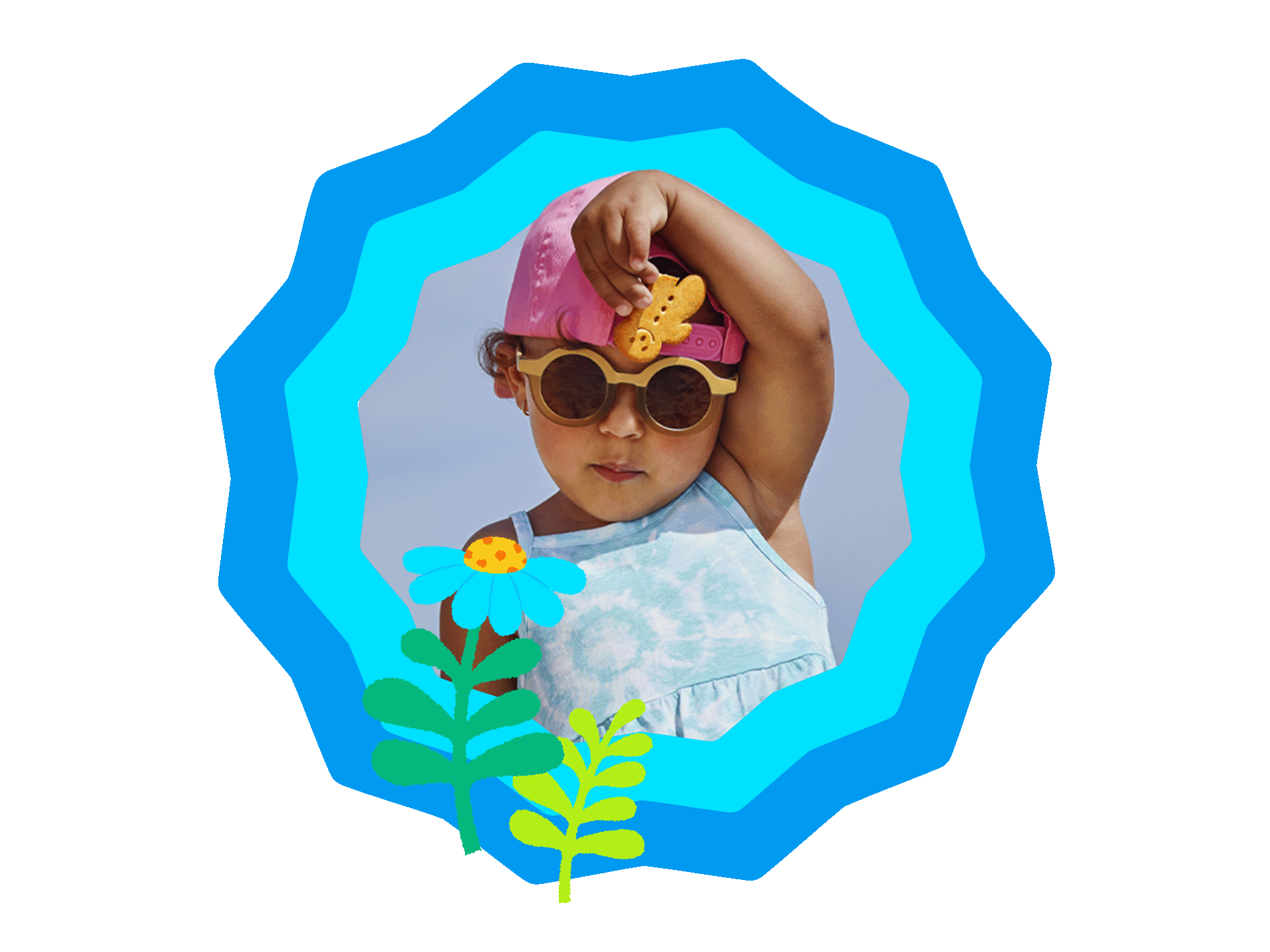 A young child wearing a pink sun hat and a light blue sleeveless outfit stands outdoors, raising one arm while holding a small yellow object. The child is framed within a layered blue decorative border, with illustrated flowers and leaves placed at the bottom of the frame. They are holding an Organix gingerbread man biscuit.