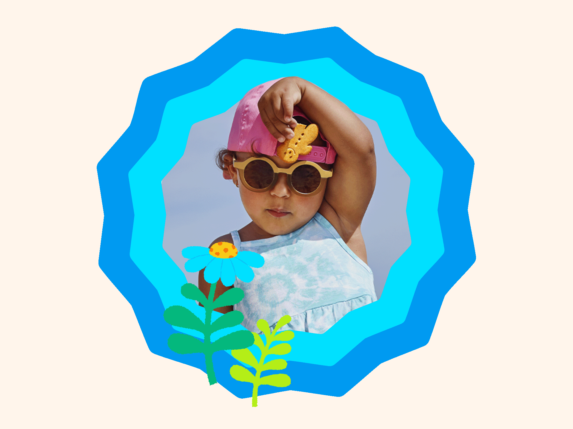 A young child wearing a pink sun hat and a light blue sleeveless outfit stands outdoors, raising one arm while holding a small yellow object. The child is framed within a layered blue decorative border, with illustrated flowers and leaves placed at the bottom of the frame. They are holding an Organix gingerbread man biscuit.