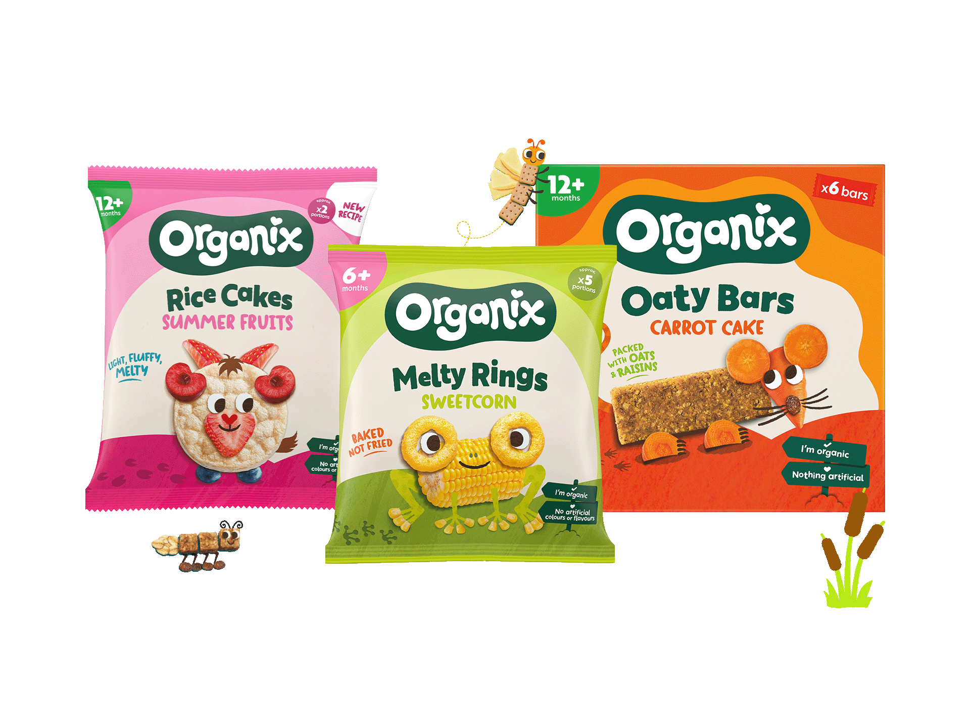 A bright promotional banner showcasing the Organix snack range. The background is vibrant orange with playful design elements. At the center, there is a variety of Organix products arranged neatly, including snack bars and pouches. The text on the banner highlights the Organix range, emphasizing healthy and tasty options for kids. The overall design is colourful and fun, aimed at attracting parents and children
