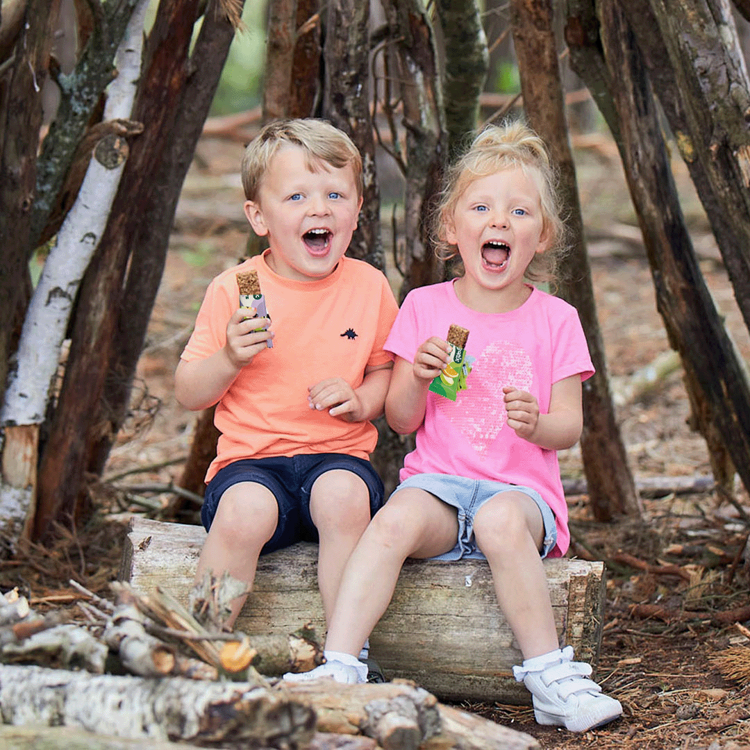 Two young children sitting together and eating Organix brand snacks. The children are in a bright, casual setting, and the snacks are clearly visible in their hands. The image conveys a healthy, fun, and family-friendly atmosphere associated with the Organix lifestyle