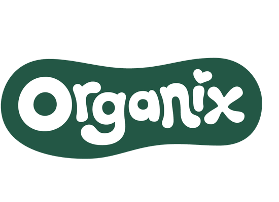 Organix Logo in curvy white writing with dark green blob behind it